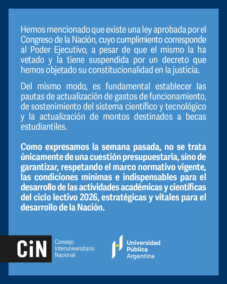 El <a href="/CINoficial/">CIN</a> exige, una vez más, el inmediato cumplimiento de la Ley de Financiamiento Universitario vigente para recuperar el salario perdido en 2024 y 2025 y la urgente convocatoria a paritaria docente y nodocente para recomponer la pérdida salarial del 2026.