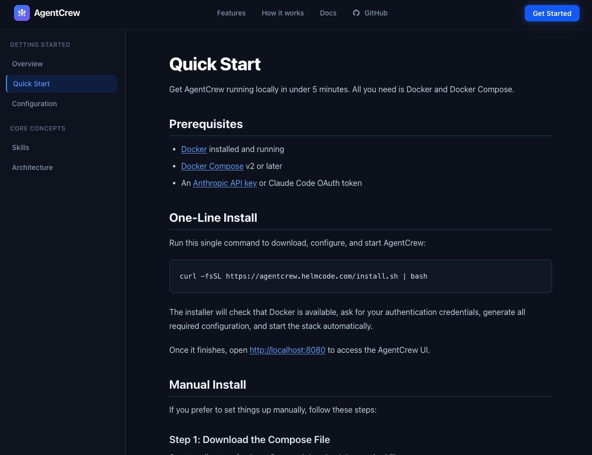 🚀 Día 7 creando AgentCrew, el orquestador de Agentes de IA:

Hoy sale ya la versión 0.1.0 de la app. Tenéis toda la info aquí:
agentcrew.helmcode.com

Solo necesitáis Docker y una suscripción de Claude.

De un solo comando ya podéis levantar el orquestador en local. De momento