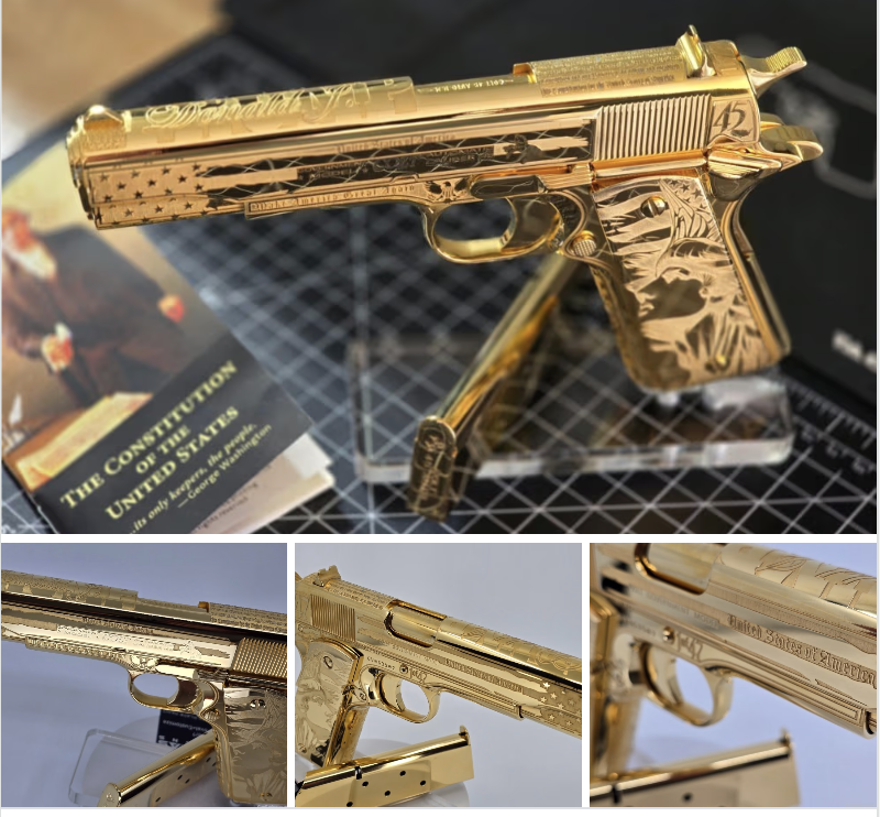 GunBroker's tweet photo. 🔥 24K Gold Custom Colt 1911
Limited series of 47. Deep engraved &amp; mirror polished.

🔗 See it here: https://t.co/lyJCYkx84t

💬 Classic steel or gold-plated showpiece?

#Colt1911 #CustomColt #Gunsdaily https://t.co/QU4YJdHXnC