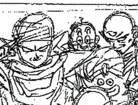 In the final chapter's drafts, it's noticeable that Toriyama originally drew Chaozu with just a single hair. It's funny that he didn’t forget such a trivial detail, too bad it didn’t make it into the final version.  

We can also see that Mr. Popo isn’t drawn in the same position