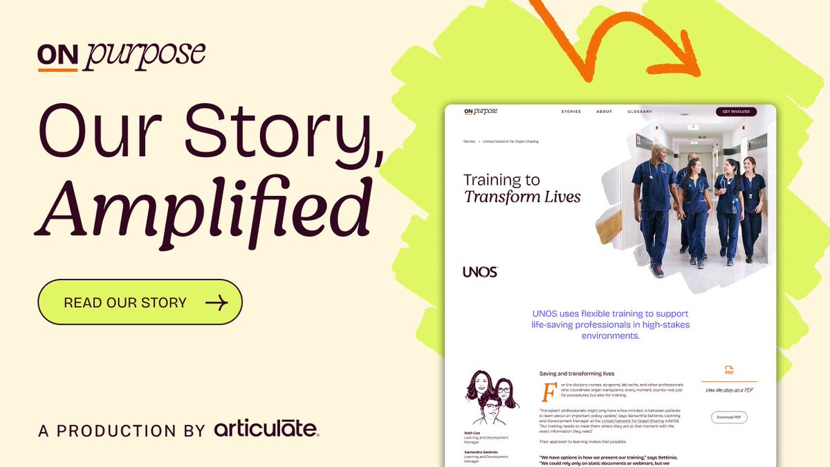 UNOSNews's tweet photo. We’re proud that UNOS is highlighted in On Purpose 2026, @Articulate's digital magazine. Discover how our education team uses e-learning to train the transplant community.  Read more here: https://t.co/hpeTSJ0wbL https://t.co/mI43OOF2JA