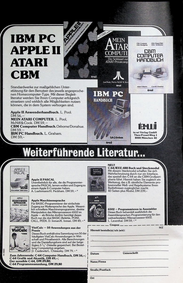 Retrojournal_de's tweet image. IBM PC.
Apple II.
Atari.
CBM.
Als „weiterführende Literatur“ noch bedeutete:
Handbuch kaufen, lesen, verstehen –
und dann selber machen. 📖💾
DM 59,- für ein Computer-Handbuch.
Heute unvorstellbar – damals Standard.
#IBMPC #AppleII #Atari #CBM #80er #Retrocomputing #Retrojournal