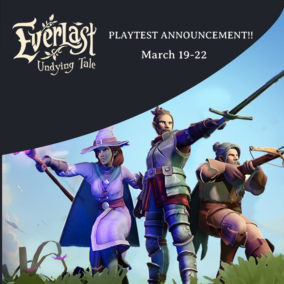 ⚔️⚔️Hey Adventurers! Excited to announce that we are having our 2nd ever playtest ⚔️⚔️

Join us March 19-22 for our open playtest and step into the world of Everlast: Undying Tale!

Wishlist and join the playtest here 🙏: loom.ly/-LMrLOs

Join our discord for more news