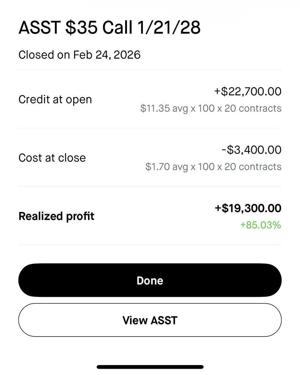 Had sold Semler leaps when the acquisition got announced, closed those out today to keep selling calls on $ASST since most of the premium is already taken out and can make way more than $3400 off of those shares before Jan 2028. This helps bring the loss down quite a bit. The