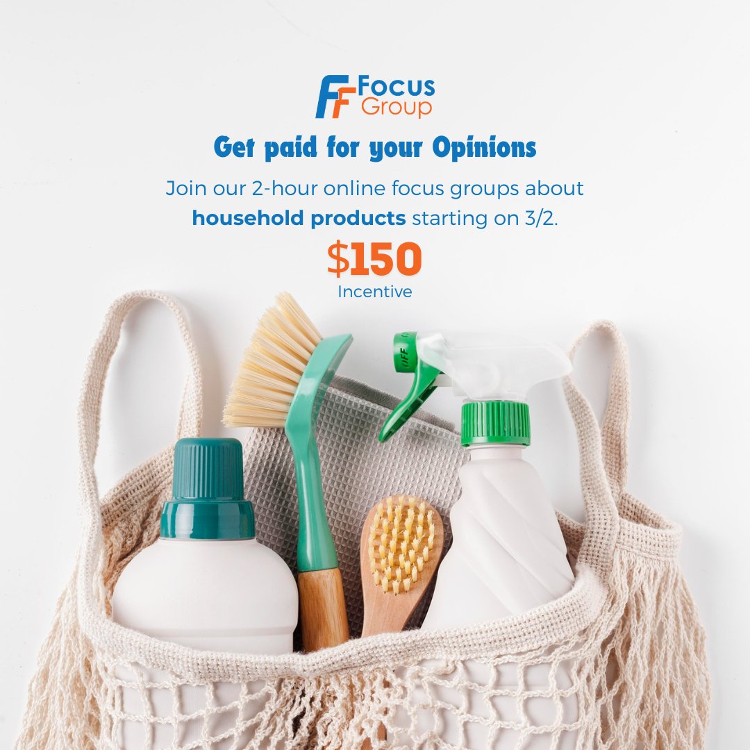 FF_FocusGroup's tweet image. 🧴 Share your opinions on Household Products! Join our 2-hour online focus group starting March 2nd.
💵 Earn $150 for your time.
👉 Click to see if you qualify: app.dscout.com/panels-ui/s/63…

#PaidStudy #FocusGroup #HouseholdProducts