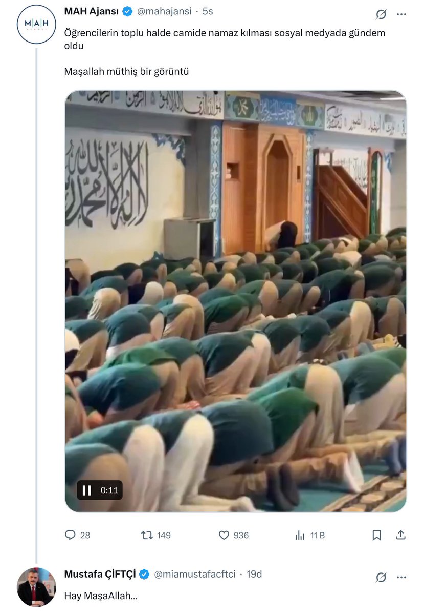 kulliyatX's tweet photo. 🔴|İçişleri Bakanı Mustafa Çiftçi cemaatle namaz kılan öğrencilerin videosuna yorum yaptı:

“Hay MaşaAllah…” https://t.co/jz8qTyQZ7J