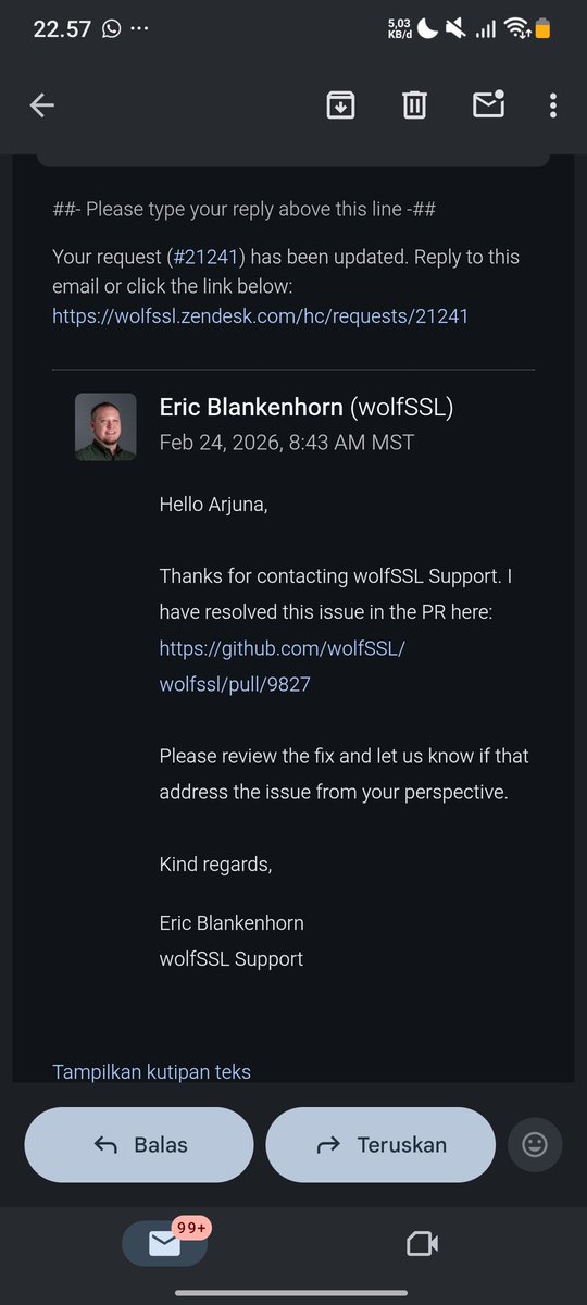 pelioroxhost's tweet photo. Multiple vulnerabilities I reported to wolfSSL have now been fixed across 4 separate PRs.
Thanks to the wolfSSL team for the fast remediation.
Responsible disclosure wins.
#infosec #bugbounty #opensource https://t.co/CTZ32atiuu