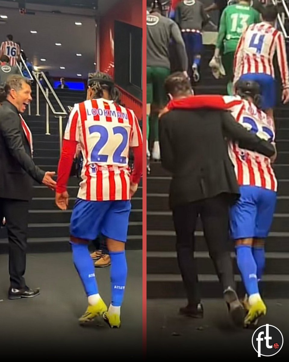 Footballtweet's tweet photo. 🥹🇦🇷🇳🇬 As they made their way back to the dressing room, Diego Simeone and Ademola Lookman shared a warm hug.

This is exactly what the Nigerian needed - a coach who makes him feel loved. ❤️🤍 https://t.co/W0eUvZeIDK