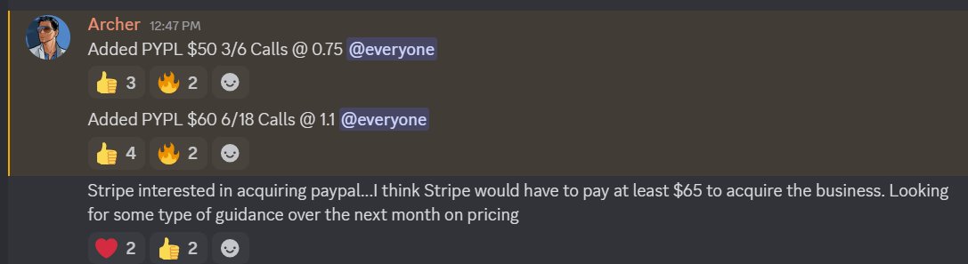 ArcherSLV's tweet photo. $PYPL Stripe interested in acquiring PYPL. I would think they know a competitive offer is over $70. Buy now, ask questions later with the assumption multi month contracts probably haven't been priced right yet. https://t.co/uiXuLOYcaM