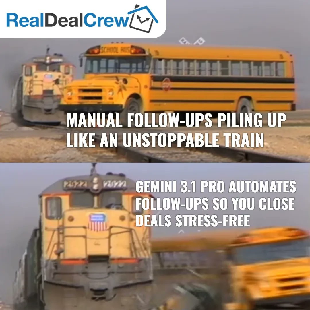 RealDealCast's tweet image. Manual follow-ups slowing you down? Gemini 3.1 Pro automates lead follow-up so you focus only on closing deals — no extra tasks, no missed opportunities. See how it works: realdealcrew.com

#realestateinvesting #dealflow #automation #realestateops #investmentsystems