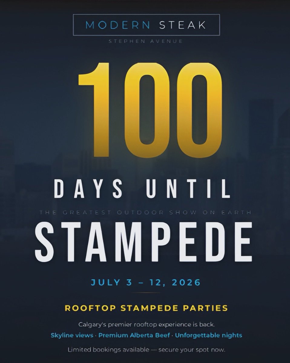 100 days until Stampede. The rooftop at Modern Steak is where it happens — and it sells out every single year. Corporate events, private parties, or just the best night of your summer. Limited dates. Book now.

📩 bookings@modernsteak.ca
📍 Stephen Avenue, Downtown Calgary