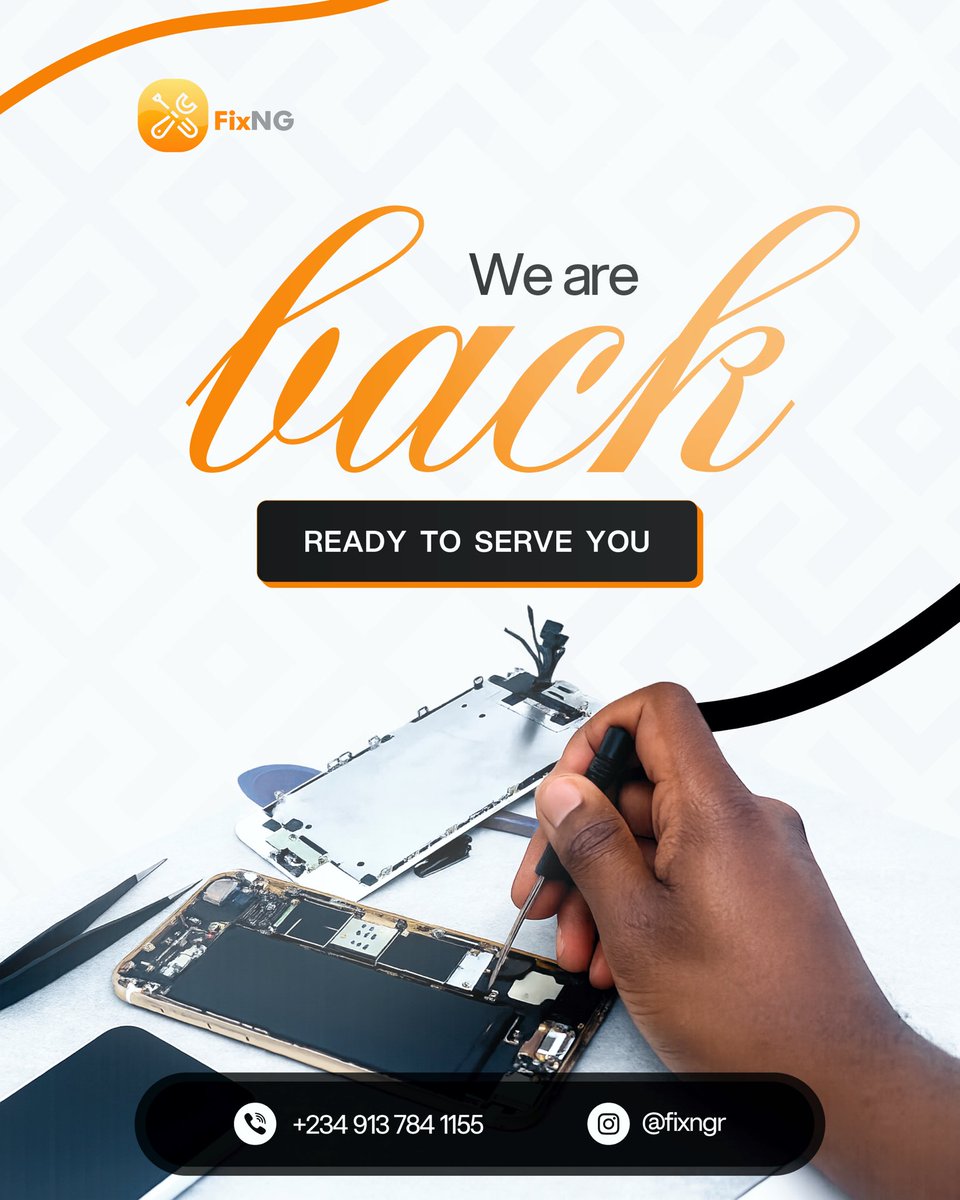 fixngr's tweet photo. We’re back and ready to fix it all 🔧📱
Cracked screen? Battery issues? Software problems? Water damage? 

Bring it in , let’s make your device feel brand new again.

#fixng https://t.co/FwzM60oJOh