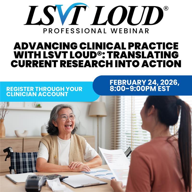 LSVTGlobal's tweet image. Tonight at 8 PM EST! 📢 Join our exclusive LSVT LOUD Professional Webinar to explore how current research translates into clinical action for patients of all ages. 🎙️ Registration link is waiting for you in your Clinician Account! 💻✨ 

#LSVTLOUD #Parkinsons #SpeechTherapy