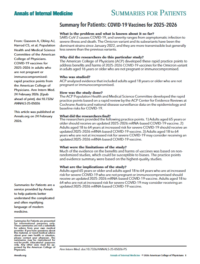 AnnalsofIM's tweet image. Use this free patient summary to help your patients understand the @ACPIMPhysicians recommendations on who should receive the updated 2025-2026 mRNA-based COVID-19 #vaccine. bit.ly/4qXY2jl