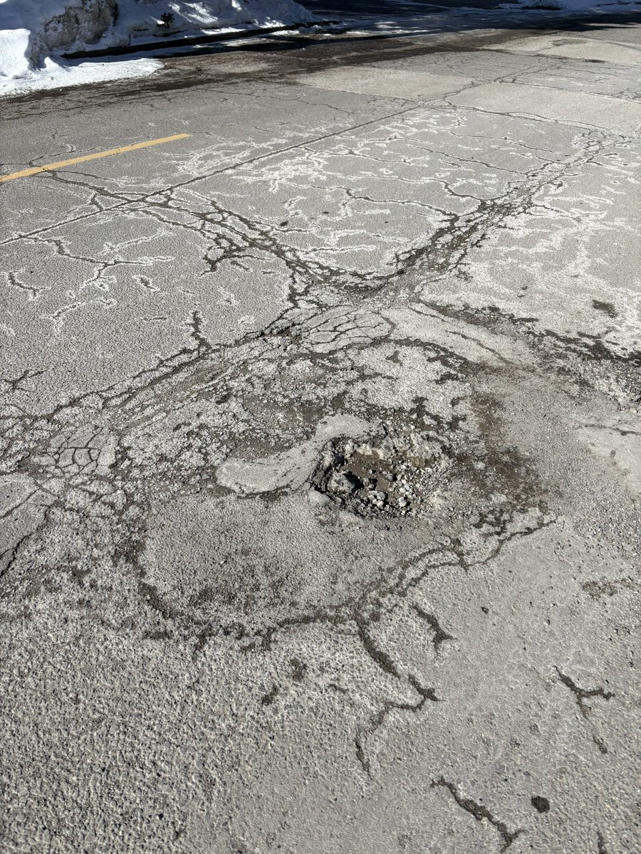 Beth_Levy66's tweet image. Just a few of the potholes on my walk today. They get filled every year. This is not a sustainable solution. It’s barely even a bandaid. #TOpoli