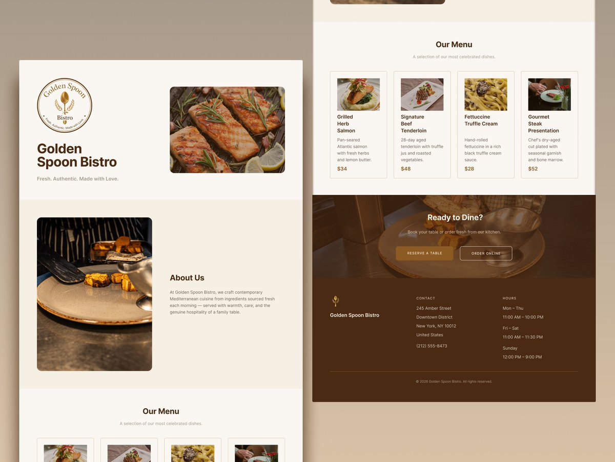 rashedy912's tweet photo. Day 15: Golden Spoon Bistro 🍽️

No clutter,  just a smooth scroll that makes you hungry.

Less noise. More appetite. 🥂

#buildinpublic #webdesign #uidesign https://t.co/QR3abYp368