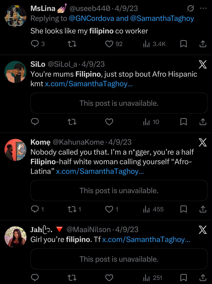 youve never said what country your “afro hispanic” mom is from but your mom being born in the philippines is why you have a filipino last name/citizenship…

you even deleted the 1st pic bc ppl said your mom looks fully asian and asked to see your grandparents

someones lying