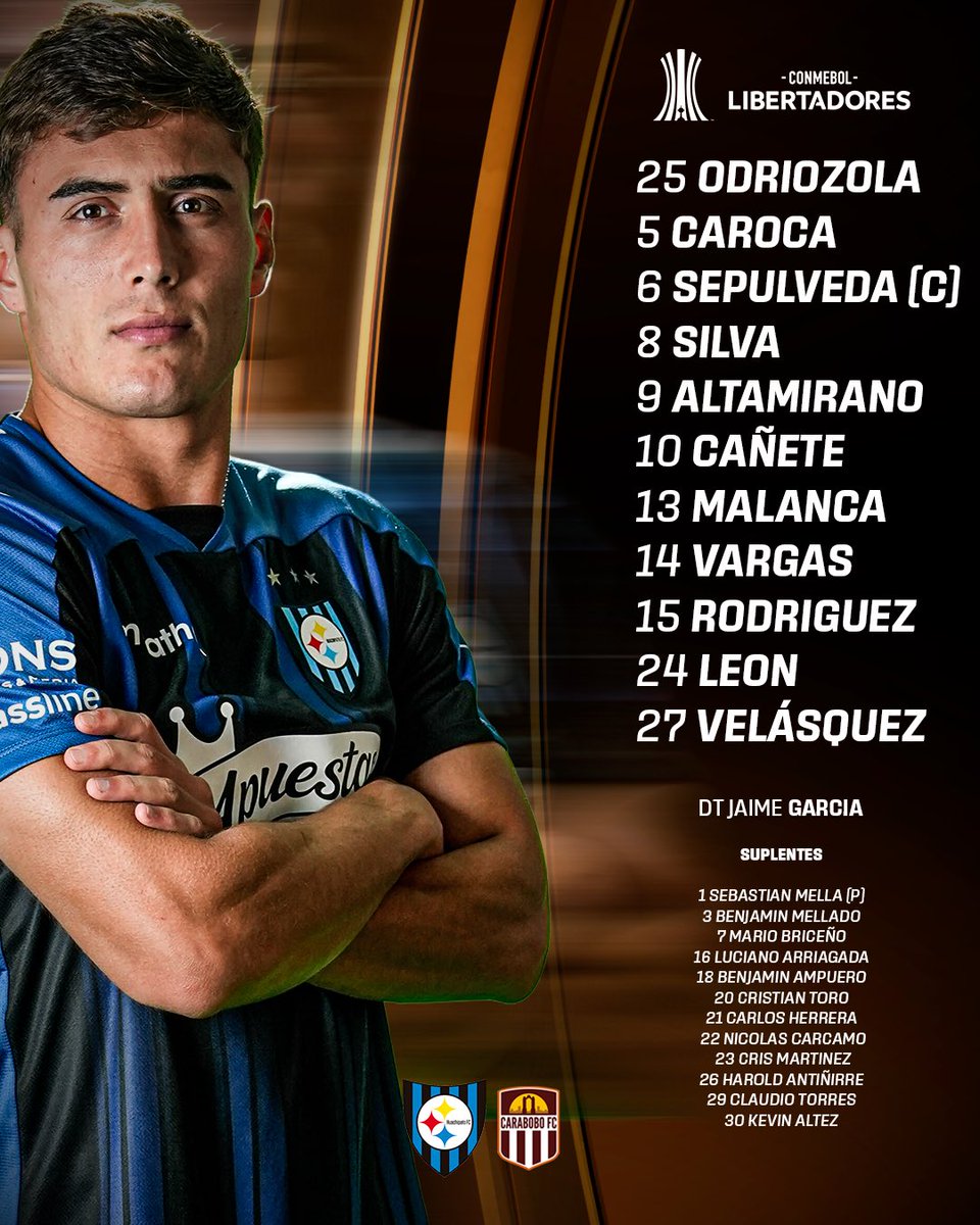 Huachipato's tweet photo. 𝑨𝑳𝑰𝑵𝑬𝑨𝑪𝑰𝑶́𝑵 de Huachipato📋

✍️Nuestro equipo titular para la revancha de Fase 2 en CONMEBOL Libertadores🔵⚫️

#VamosHuachipato  
#ElMásGrandeyÚnicoCampeóndelSur🏆 https://t.co/61p8sJRTO2