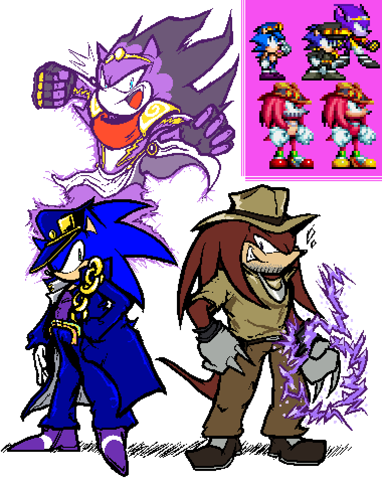 since this blew up overnight like thx everyone.
this concept only became a thing cause a moot did a "jojo sonic" joke sprite one day and i got attached to it for some time (first sprite on top right)
oh and also joseph joestar knux just cause of a specific sonic mania mod.