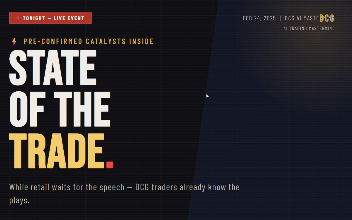 Jamar_100's tweet photo. Tonight's State of the Union isn't just politics.  
It's a live catalyst event.  
Pre-confirmed: 

Data Center Energy Deals (Politico, 11:30AM) 
✂️ New Tax Cuts incoming (Fox News, 12:24PM) 
🏗️ Infrastructure push → CAT, GEV, MTZ 
☢️ Nuclear/Uranium spotlight → UUUU, SMR, OKLO 
🚗 Tesla/Elon mention  Smart money already positioned.

The traders who struggle aren't lazy. 

They just don't have access to the framework that connects political events to market positioning.  

That's what we built at DCG.

https://t.co/aZb59Io1Fz