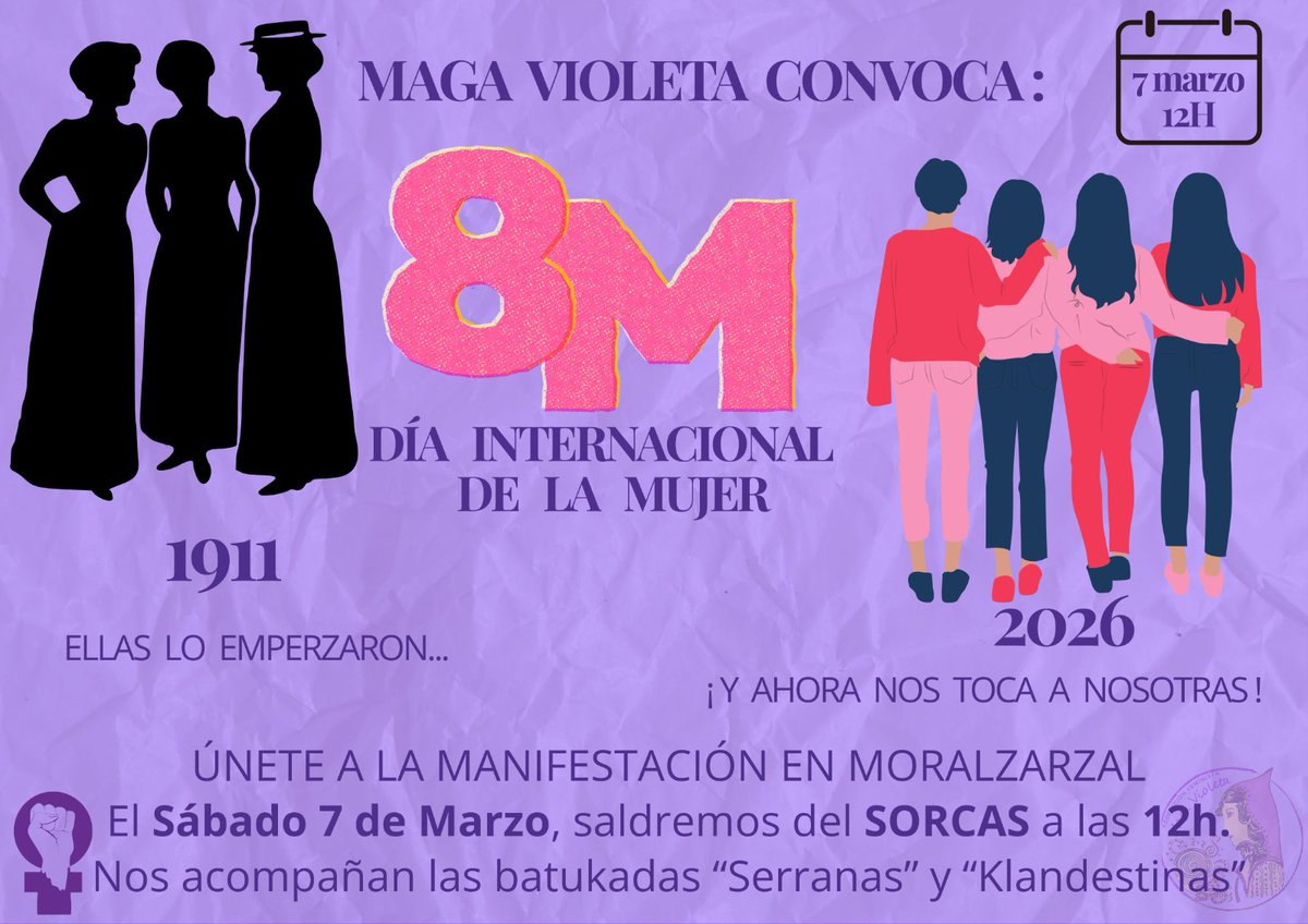 🔮 El 7 de marzo salimos a la calle para recordar que la igualdad no se pide, se exige. Ni un paso atrás en la lucha por los mismos derechos, el mismo trato y las mismas oportunidades. La fuerza de todas hará temblar las calles de Moralzarzal,  únete a nosotras. ¡Os esperamos!