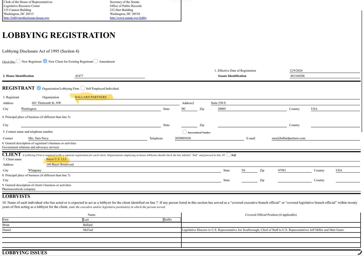 🚨🚨🚨Breaking - Is THIS why the administration is fighting so hard to protect cancer-causing glyphosate?

Bayer Pharmaceuticals has worked with both Ballard Partners and Mercury LLC. Susie Wiles, the President’s Chief of Staff, was a lobbyist for both companies and Pfizer. Pam