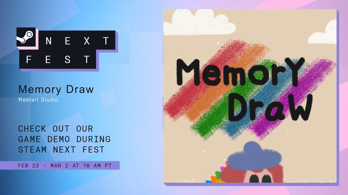 Vincent28158044's tweet photo. 🎉 We’re joining Steam Next Fest!

Try the Memory Draw demo and put your memory (and creativity) to the test 🧠✨

🗓 Feb 23 – Mar 2 (10 AM PT)
Don’t miss it!
#SteamNextFest #IndieGame #MemoryDraw #GameDemo https://t.co/xcjjTftX2S