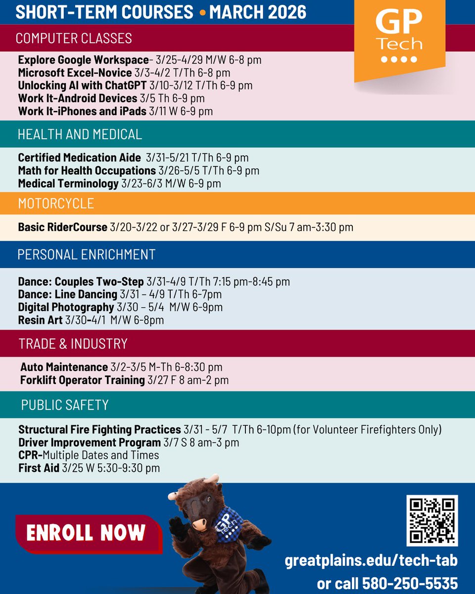 March is just around the corner, and GP Tech has some great short-term courses that start next month!  Visit greatplains.edu/tech-tab to check out our options and enroll online, or call our Student Resource Center at 580-250-5535 to get started. #GPTech #gptc
