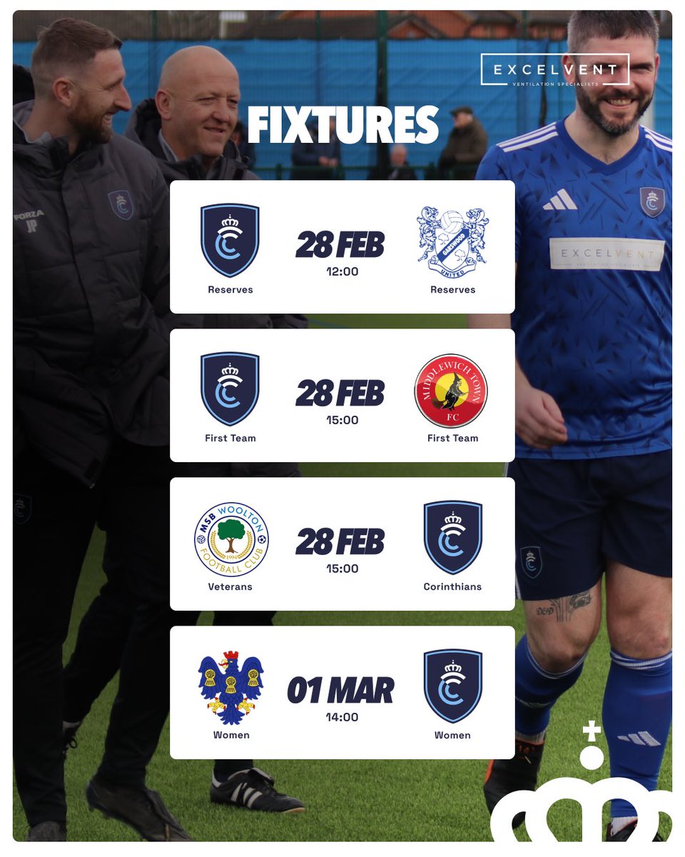 𝗧𝗵𝗶𝘀 𝘄𝗲𝗲𝗸𝗲𝗻𝗱…

🔵It’s a double-header at the <a href="/CreweFCHub/">The Excel</a>! 

🔵<a href="/CreweFCReserves/">Crewe FC Reserves</a> host <a href="/GarswoodUTD/">Garswood United F.C</a> Reserves

🔵 <a href="/VickersAdam/">adam vickers</a> &amp; <a href="/JoePointon/">Joe Pointon</a>’s side play <a href="/MiddlewichFC/">Middlewich Town FC</a>

🔵<a href="/CreweFCCorinths/">Crewe FC Corinthians</a> travel to <a href="/MSBWOOLTONFC/">MSB Woolton FC (1st, Res, U23 & New U21’s)</a> Vets

🔵<a href="/CreweFCWomen/">Crewe FC Women</a> travel to <a href="/northwichvixens/">Northwich Vixens</a> on Sunday