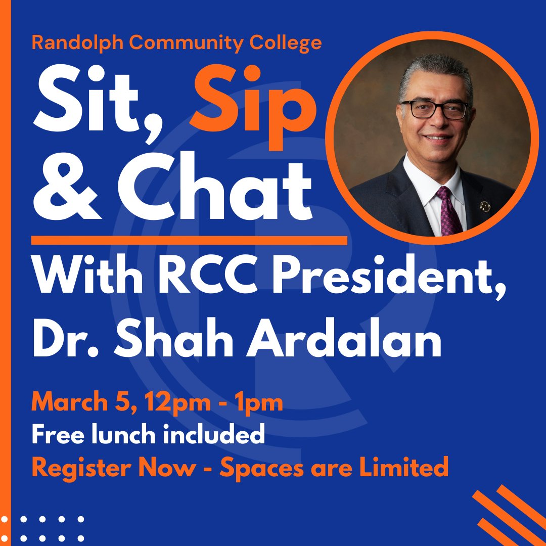 randolphsga's tweet photo. Join us for Sit, Sip, and Chat with Dr. Shah — a casual conversation where students can engage directly with our college president.
Date: March 5, 12pm - 1pm
Space is limited, and advance registration is required! Sign Ups are limited to the first 25 students! #RCCProud https://t.co/8E3bQzuWxL