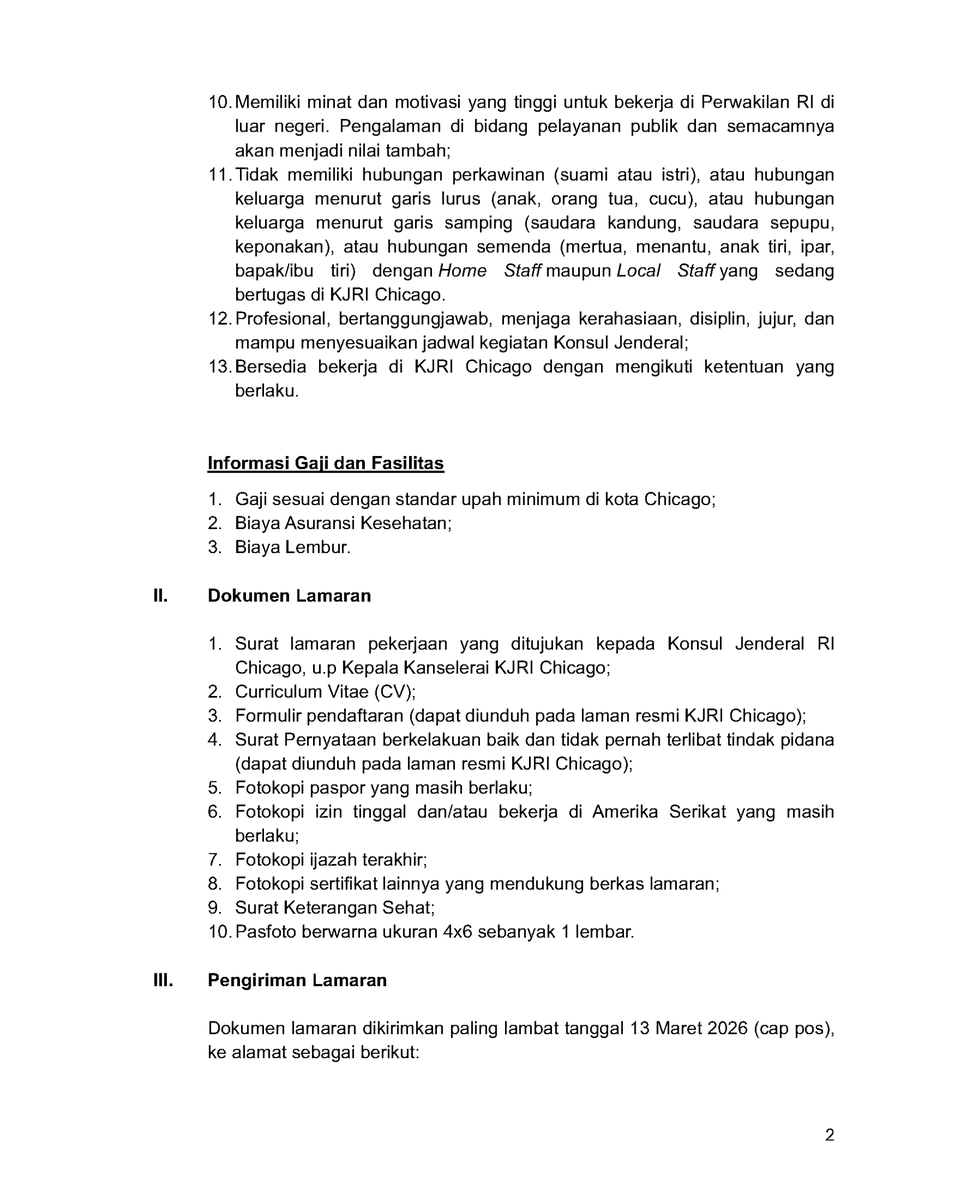 INAinChicago's tweet photo. Hi Sobat KJRI Chicago.

KJRI Chicago membuka 1(satu) lowongan pekerjaan untuk posisi sebagai Staf Administrasi (Pengemudi merangkap Asisten Pribadi Konsul Jenderal RI Chicago), bagi para WNI yang memiliki izin tinggal sah dan masih berlaku di Amerika Serikat. https://t.co/A8AZfUd5Bf