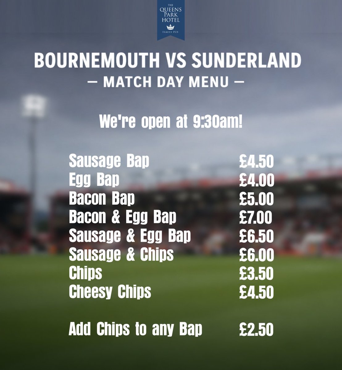 afcbpodcast's tweet photo. This Saturday, the QP is open at 9:30am for AFC Bournemouth's HUGE game against Sunderland, serving matchday breakfasts from just £4! 

⚽️ All the big match build up
📺 TNT coverage on screen
🍻 Open for post-match drinks!

Up the Cherries! 🍒 #afcb https://t.co/GhzJoBaK04
