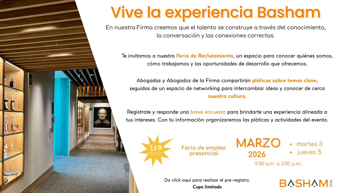 Vive la Experiencia Basham de forma presencial en su Feria de Reclutamiento
Martes 3 y jueves 5 de marzo
Link registro: docs.google.com/forms/d/e/1FAI…