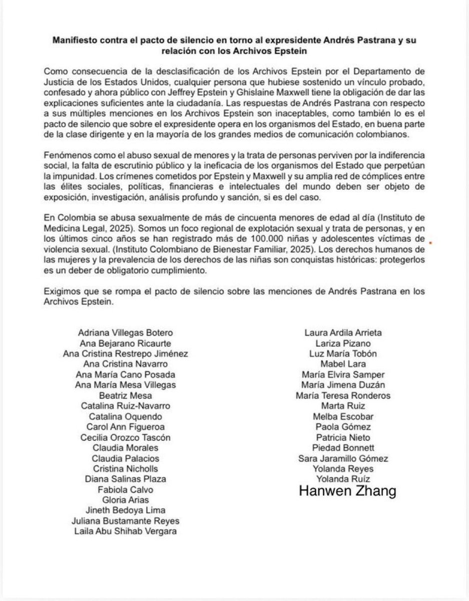 Me sumo al llamado de mis colegas para que el caso de Andrés Pastrana <a href="/AndresPastrana_/">Andrés Pastrana A</a> en los archivos de Epstein no pase en silencio por los medios colombianos. Pastrana tiene derecho a la presunción de inocencia y a permanecer callado. Pero los periodistas tenemos la obligación