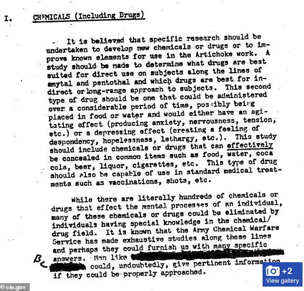 Odtajniono dokumenty CIA dotyczące Projektu "Artichoke" (1951–1956), w którym proponuje się podawanie całemu społeczeństwu substancji zmieniających zachowanie m. in. poprzez żywność i rutynowe szczepionki, np. wywołanie długotrwałych stanów psychicznych, takich jak skrajny lęk,