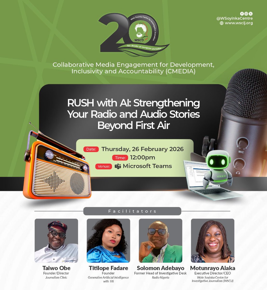 WSoyinkaCentre's tweet photo. A 2021 Fellow of the #WSCIJ Report Women! Female Reporters Leadership Programme (#FRLP), @tittyfady is a journalist, editor, and media trainer with nearly a decade of experience spanning solutions, multimedia, and development reporting. She is the founder of Generative AI Journalism with Titi, through which she has trained over 500 African journalists on practical, responsible newsroom use of AI and digital tools.
At RUSH with AI training, she will guide participants through the ethical and editorial use of AI, focusing on how to apply these tools without compromising standards or credibility.
📅 Thursday, 26 February 2026
⏰ 12 Noon
📍 Microsoft Teams