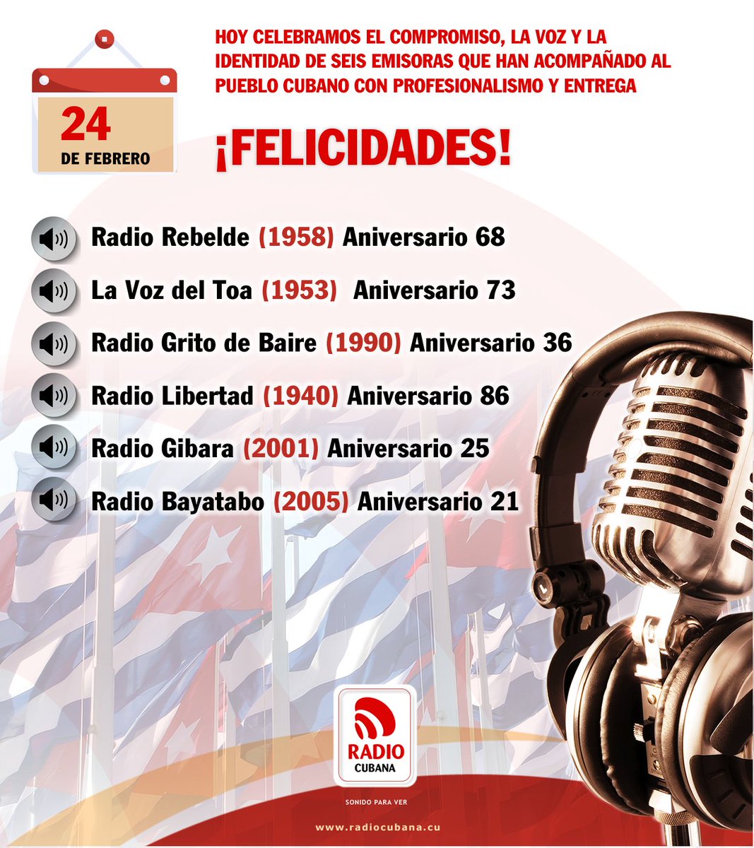 Este 24 de febrero, fecha significativa en la historia de #Cuba, cumplen años seis emisoras 📻 🇨🇺 que forman parte de la "Gran #RadioRebelde" que soñó #FidelPorSiempre. 
Feliz aniversario a todas, en especial a <a href="/RRebeldeCuba/">Radio Rebelde</a> 🎙