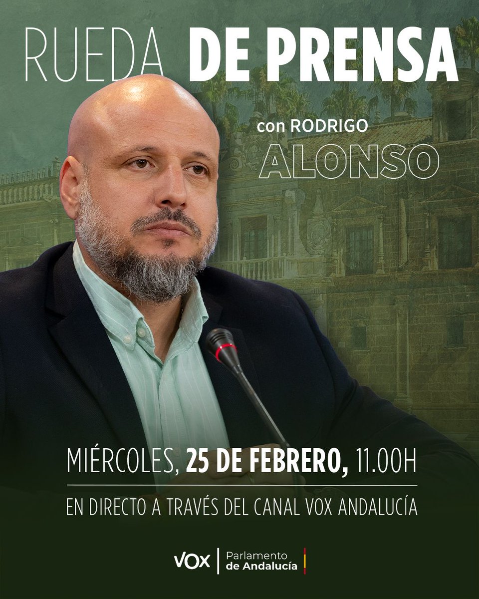 🔊 Rueda de prensa de nuestro portavoz adjunto <a href="/Rodrigo_AlonsoF/">Rodrigo Alonso ﻥ 🇪🇸</a> desde el Parlamento de Andalucía.

➡️ Síguela en directo a las 11:00h.

youtube.com/watch?v=ITWCac…

¡No te lo pierdas!