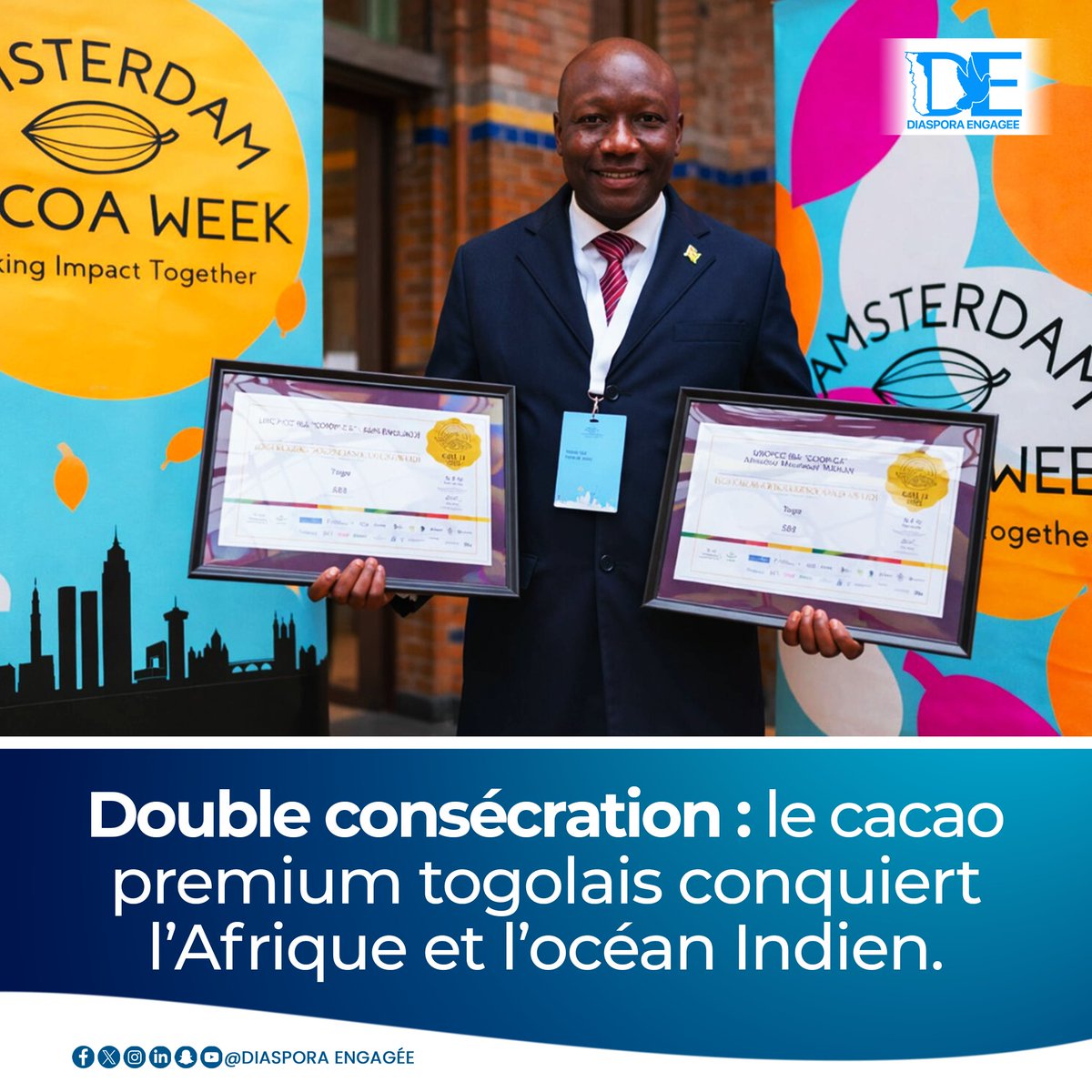 Le Togo remporte deux médailles d’or africaines aux Cocoa of Excellence Awards 2026 à Amsterdam. Une consécration mondiale pour le cacao premium togolais, portée par le savoir-faire des producteurs et la valorisation stratégique de la filière agricole nationale.
#Togo #MadeInTogo