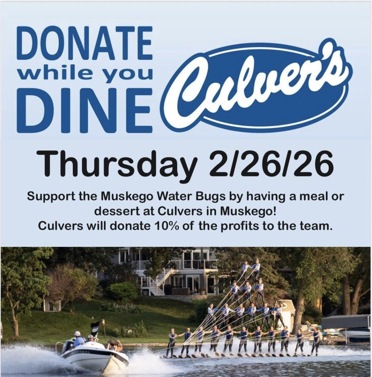 This Thursday 2/26! Join the Waterbugs for dinner at Culvers🍔🍦