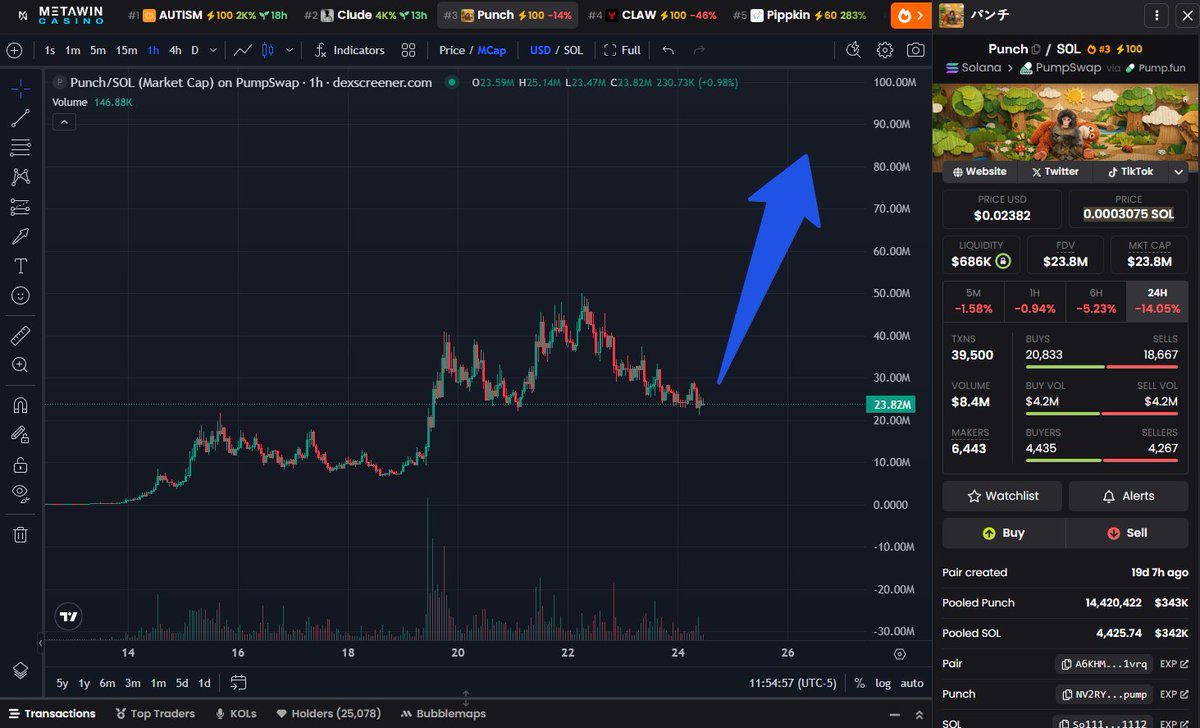 minwage777's tweet photo. Every billion-dollar runner had an early chart that looked exactly like this. $PUNCH.

I still remember when $FARTCOIN ran to 85m, corrected to 20m, and the sidelines were full of people grave-dancing, saying “told you to sell.”

They didn’t make a dime calling the top. They were sidelined the entire move.

What happened next?

$FARTCOIN went from 20m to 430m.
Then it corrected from 430m down to 140m.
“It's over” again, right?

After that, it pushed into the multi-billions.

The point is this: it’s ridiculous to say the biggest animal memecoin narrative we’ve seen in years is “topped” at 50m because it corrected to 20m after a massive pump and because BTC started dumping.

Corrections are part of expansion.

Some traders will forever bleed their portfolios rotating new pairs because they can’t identify what a real generational runner looks like early.

You are early to $PUNCH at 20m.

Call me stupid today.
Call me a genius in a few weeks.