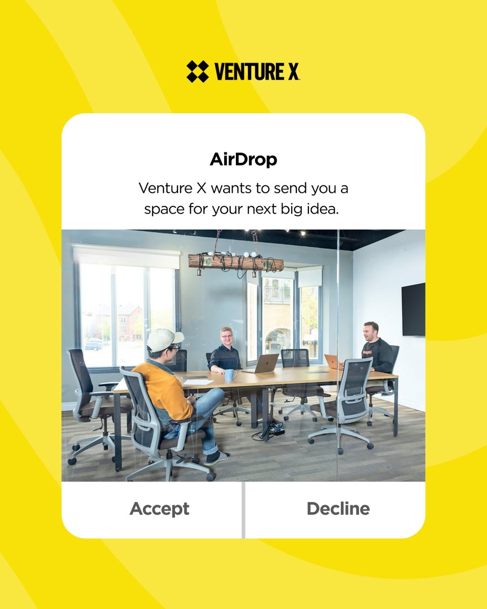 Big ideas need the right space to grow. 💡

Fast wifi, digital whiteboards, comfy seats, and coffee that fuels creativity and collaboration. Accept our AirDrop and book a Meeting Room at Venture X today. 

Learn more: bit.ly/3XuF4F5
