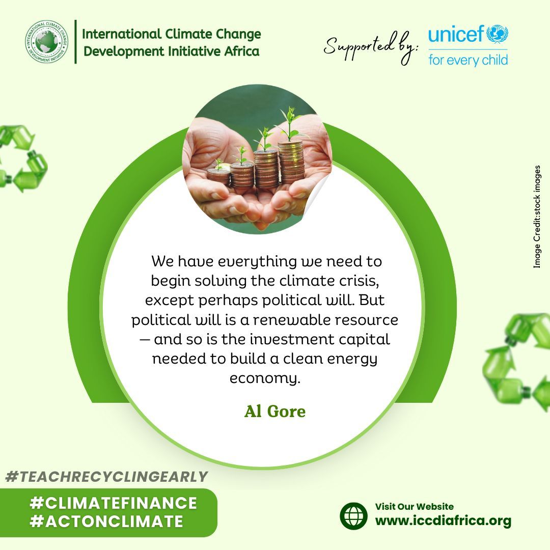 ClimateWed's tweet image. We have everything we need to begin solving the climate crisis, except perhaps political will. But political will is a renewable resource — and so is the investment capital needed to build a clean energy economy.— Al Gore

#ClimateFinance  #ActOnClimate