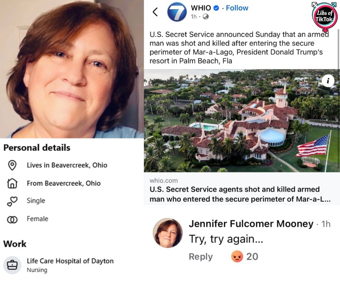 Jennifer Fulcomer Mooney is a nurse at Life Care Hospital of Dayton (now owned by <a href="/PAMHealth1/">PAM Health</a>) in Ohio. She appeared to call for someone to try to ass*ssinate Trump after an armed man was shot trying to enter Mar-a-Lago.

Any comment @pamhealth1?