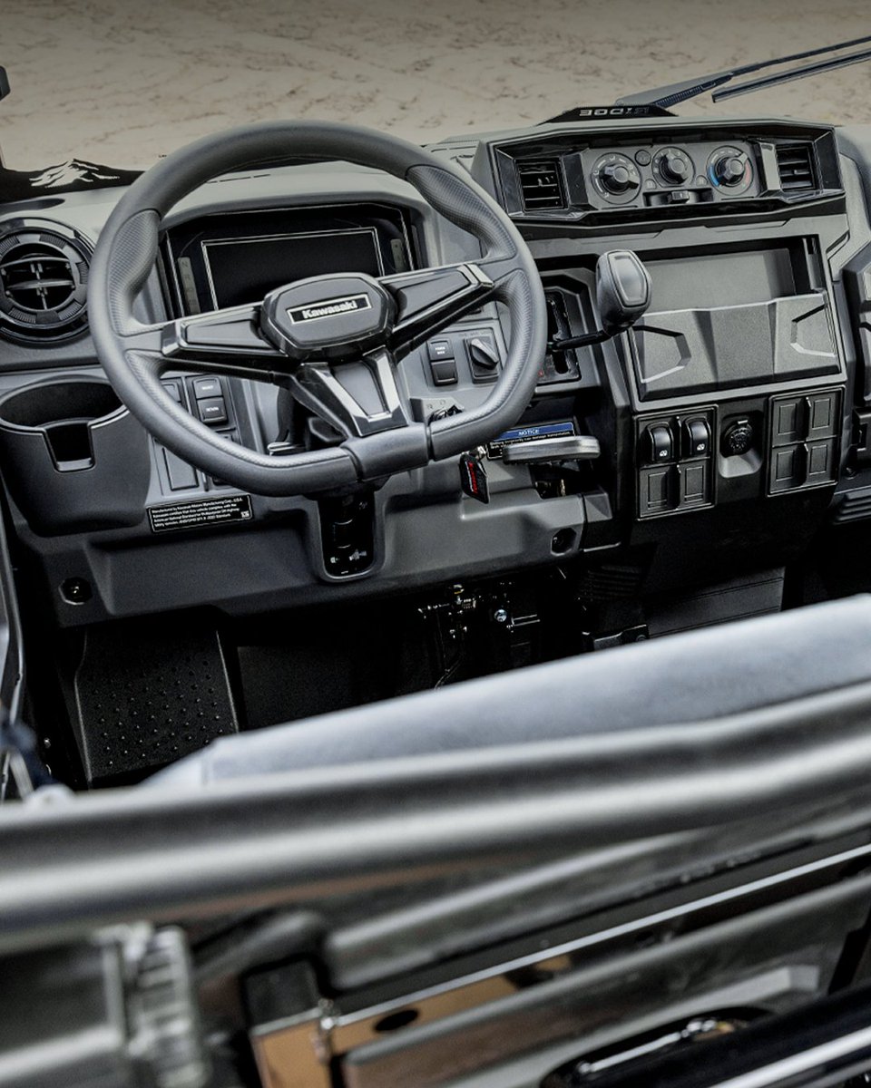 KawasakiUSA's tweet photo. Don’t be fooled by the tough exterior. Inside, #RIDGECREW is all comfort with contoured seats, an automotive-inspired dash, and rapid HVAC. #GoodTimes #Kawasaki https://t.co/VWYjUi2iuU