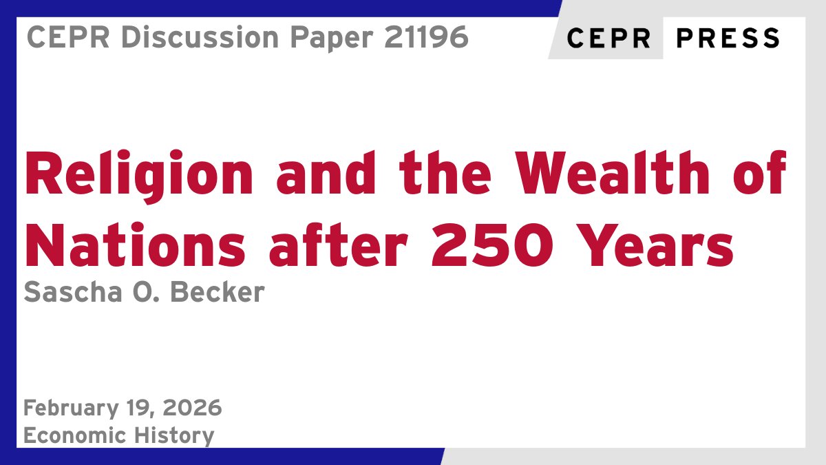 cepr_org's tweet photo. New CEPR Discussion Paper - DP21196
Religion and the Wealth of Nations after 250 Years
Sascha O. Becker @MonashWarwick 
https://t.co/4E7Zc8UB9v
#CEPR_EH #EconTwitter https://t.co/VqOOiK3CXY