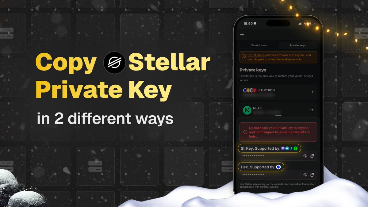 🔑 Copy Your Stellar Private Key in 2 Different Ways

Different <a href="/StellarOrg/">Stellar</a> wallets support different formats for importing private keys (Hex and StrKey). It's actually the same private key - just presented in two different forms 💕

The HOT Wallet now gives you both options when