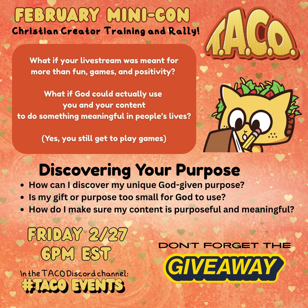 The_TACOnetwork's tweet photo. Content creators 👋 Join TACO for our February Mini-Con as we explore discovering your purpose and creating meaningful content that serves God.

📅 Fri 2/27 • 6pm ET
Join us: https://t.co/XhGdmU7QG9
#ContentCreators #ChristianCreators #PurposeDriven https://t.co/I5iiwMTT1n