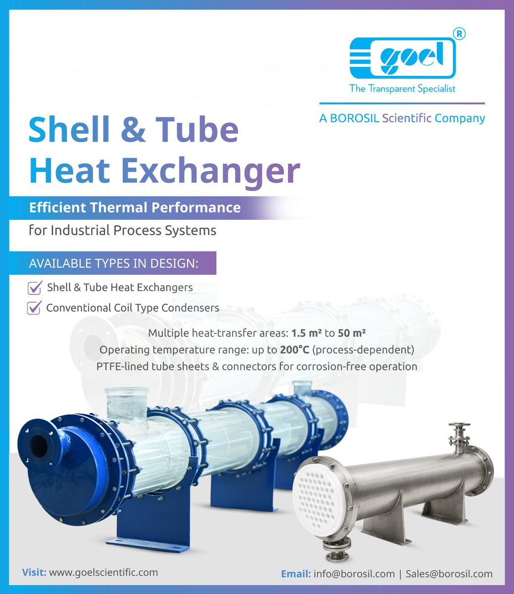 gsgwl's tweet photo. #GoelScientific’s Shell &amp; Tube #HeatExchangers deliver:
✔ High thermal efficiency
✔ Reduced fouling
✔ Large heat transfer area
✔ Reliable cooling, heating &amp; condensation
Built for chemical, pharma &amp; oil refining industries.
🌐 https://t.co/GeTCTuS1Ef
📞 +91 81400 33309 https://t.co/RwCP7BQGGb