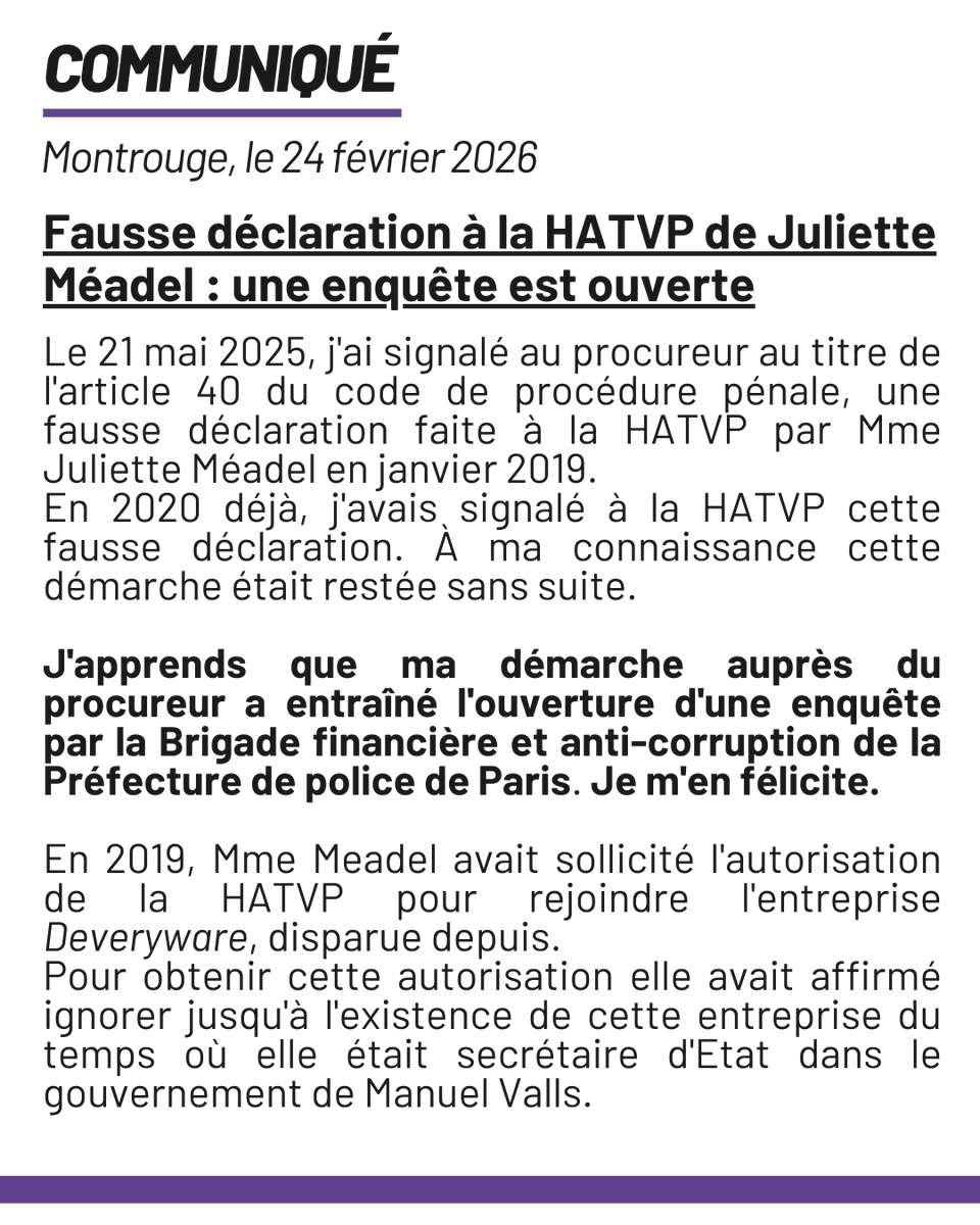 A_Saintoul's tweet photo. J'ai saisi en 2025 le procureur au titre de l'article 40 concernant une fausse déclaration de Juliette Méadel à la HATVP.
J'apprends qu'une enquête a récemment été ouverte. Je m'en félicite. La démocratie vit de vérité. https://t.co/RwYHdQLUwM